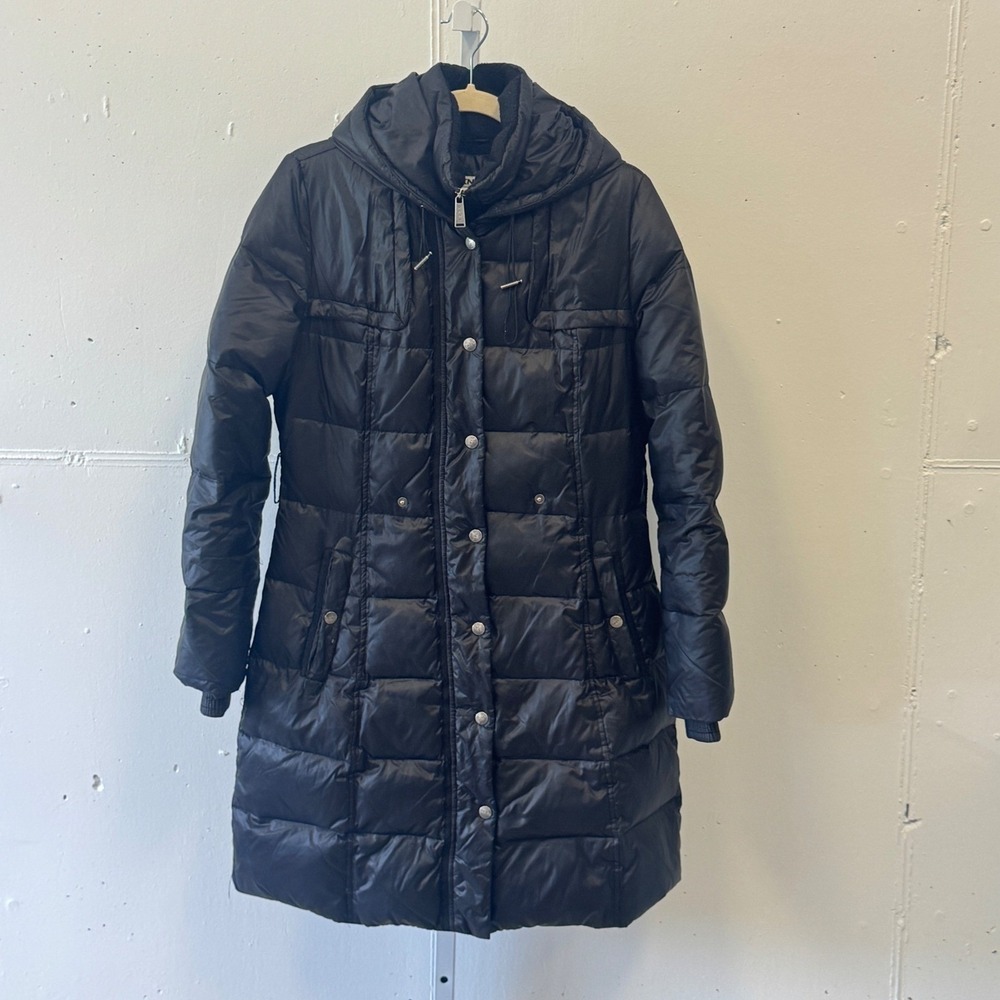 DKNY Women's Black Hooded Long Puffer Coat Down Fill Fleece Lined Jacket Small